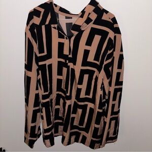 SHEIN Black and Tan Geometric Button Down Shirt